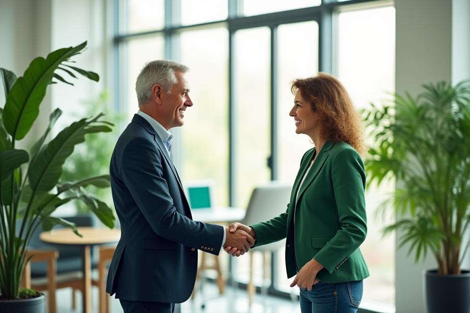 Two founders of Veridian Bloom, a man and a woman, shaking hands in a modern, plant-filled office in Austin, symbolizing partnership and growth.