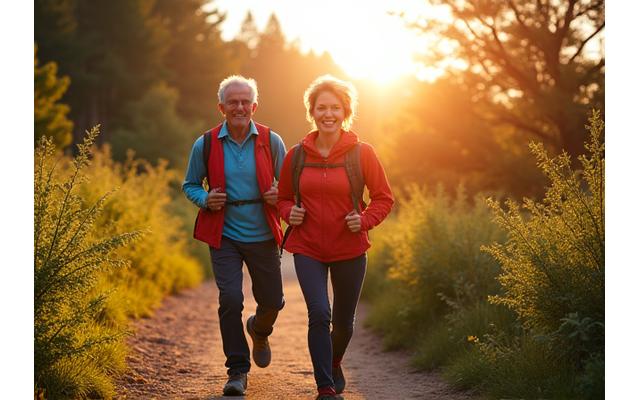 Energetic adults over 35 hiking on a scenic trail at sunrise, exuding health and vitality.