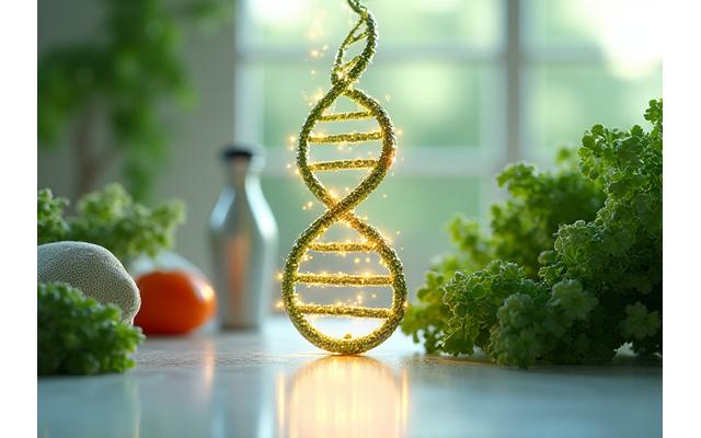 Stylized representation of DNA strands intertwining with healthy food and exercise equipment, symbolizing personalized wellness.