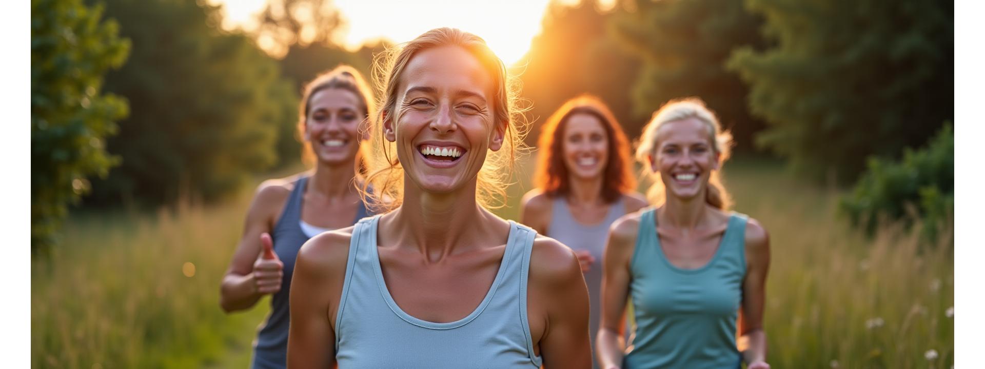 Diverse group of vibrant adults over 35 laughing and engaging in a wellness activity outdoors, perhaps yoga or nature walk.