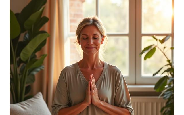 Woman over 40 practicing mindful meditation in a serene, sunlit space, symbolizing calm amidst hormonal changes.
